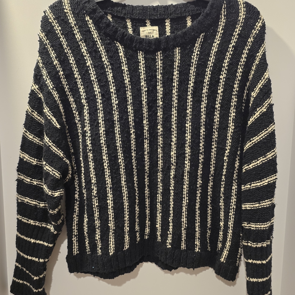Billabong Black and Cream Striped Crewneck Sweater